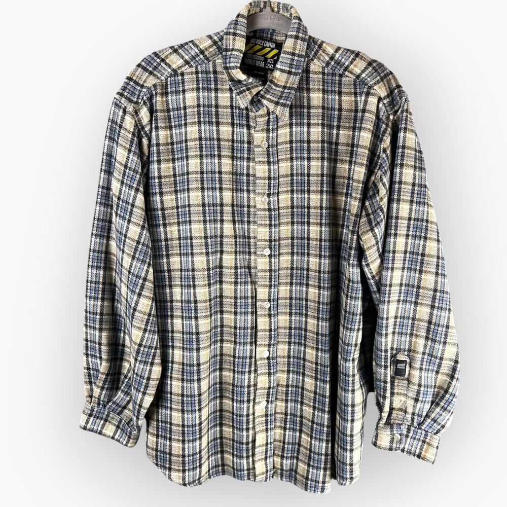 Big Rock Canyon Rugged Wear Plaid Flannel Shirt Mens 2XL Blue Tan Cotton